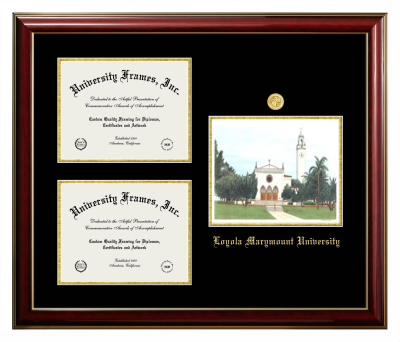 Loyola Marymount University Triple Opening with Campus Image Frame in Classic Mahogany with Gold Trim with Black & Gold Mats for DOCUMENT: 8 1/2"H X 11"W  , DOCUMENT: 8 1/2"H X 11"W  
