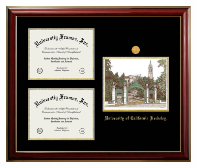 Triple Opening with Campus Image Frame in Classic Mahogany with Gold Trim with Black & Gold Mats for DOCUMENT: 8 1/2"H X 11"W  , DOCUMENT: 8 1/2"H X 11"W  