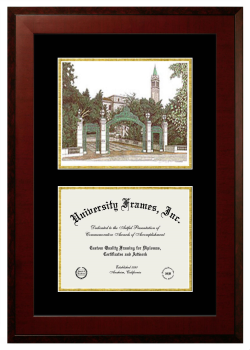 Double Opening with Campus Image (Unimprinted Mat) Frame in Honors Mahogany with Black & Gold Mats for DOCUMENT: 8 1/2"H X 11"W  