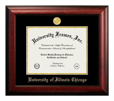 University of Illinois Chicago Diploma Frame in Satin Mahogany with Black & Gold Mats for DOCUMENT: 8 1/2"H X 11"W  