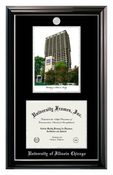 Double Opening with Campus Image (Stacked) Frame in Classic Ebony with Silver Trim with Black & Silver Mats for DOCUMENT: 8 1/2"H X 11"W  