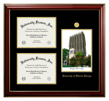 Triple Opening with Campus Image Frame in Classic Mahogany with Gold Trim with Black & Gold Mats for DOCUMENT: 8 1/2"H X 11"W  , DOCUMENT: 8 1/2"H X 11"W  