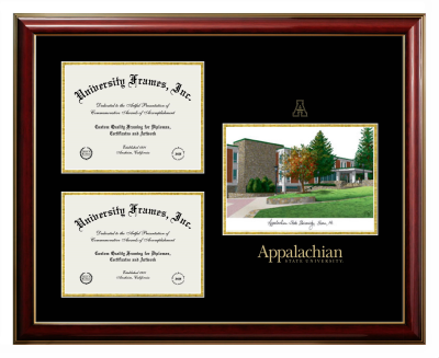 Triple Opening with Campus Image Frame in Classic Mahogany with Gold Trim with Black & Gold Mats for DOCUMENT: 8 1/2"H X 11"W  , DOCUMENT: 8"H X 11"W  