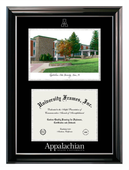 Appalachian State University Double Opening with Campus Image (Stacked) Frame in Classic Ebony with Silver Trim with Black & Silver Mats for DOCUMENT: 8 1/2"H X 11"W  