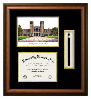 Double Opening with Campus Image & Tassel Box (Stacked) Frame in Satin Walnut with Black & Gold Mats for DOCUMENT: 8 1/2"H X 11"W  