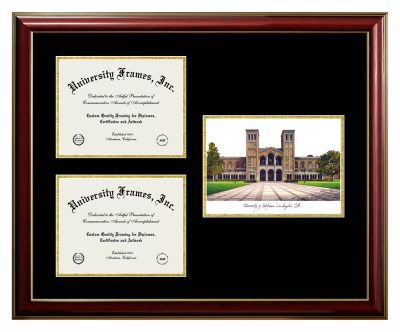 Triple Opening with Campus Image Frame in Classic Mahogany with Gold Trim with Black & Gold Mats for DOCUMENT: 8 1/2"H X 11"W  , DOCUMENT: 8 1/2"H X 11"W  